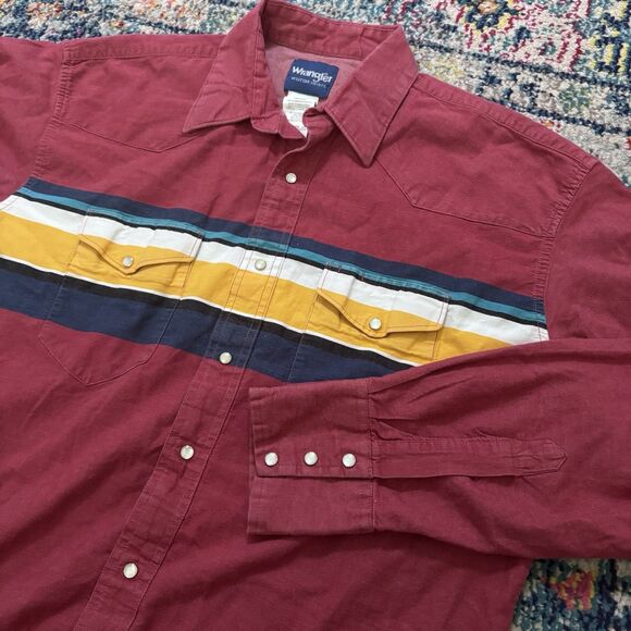 Vintage Wrangler Western Shirt Red Long Sleeve Pearl Snap Size Large Cowboy - Picture 1 of 7